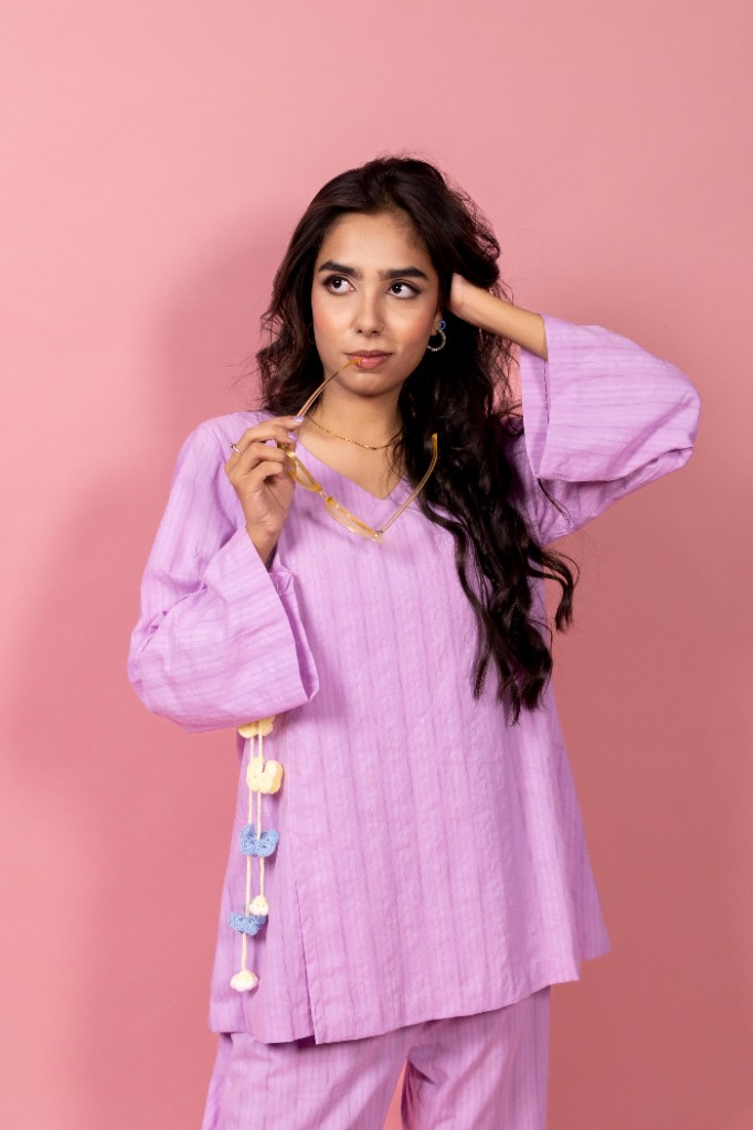 Everyday Elegance — lavender textured co-ord with soft blue and cream accents.