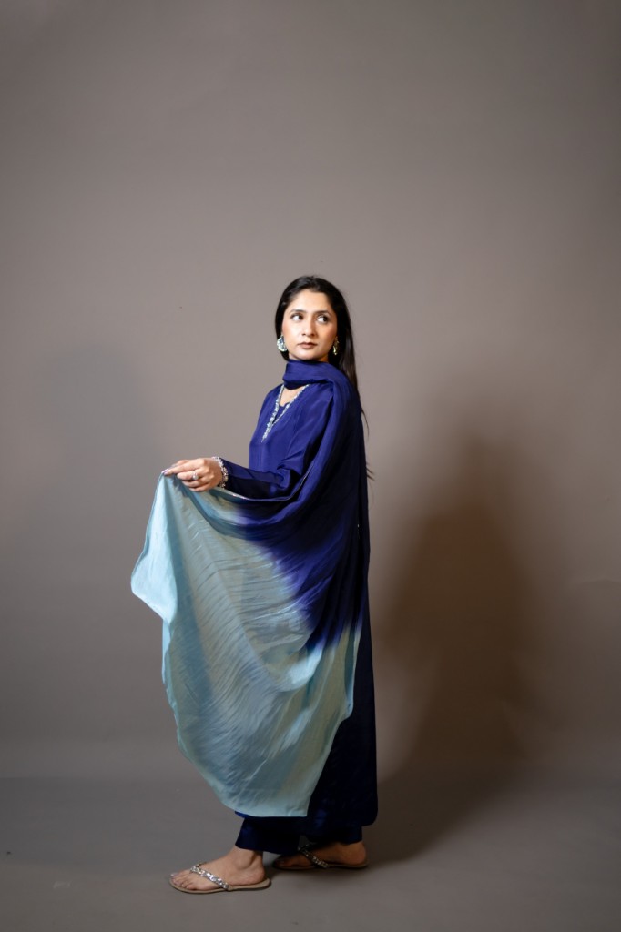 Statement Wear — deep navy embroidered set with ombre powder-blue dupatta.